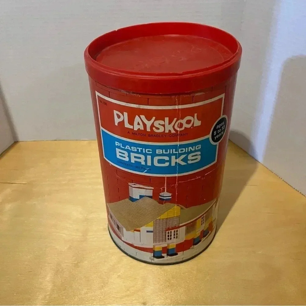 Vintage 1970 PLAYSKOOL Plastic Building Blocks Bricks Milton Bradley Canister